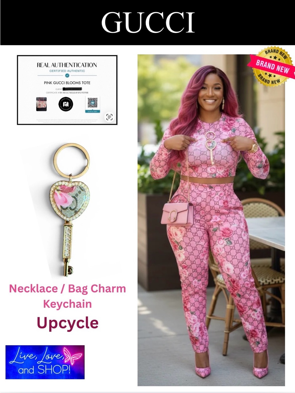 GUCCI Pink Bloom Upcycled Resin 🩷-Shaped Key Necklace Keychain w/Gems, w/COA